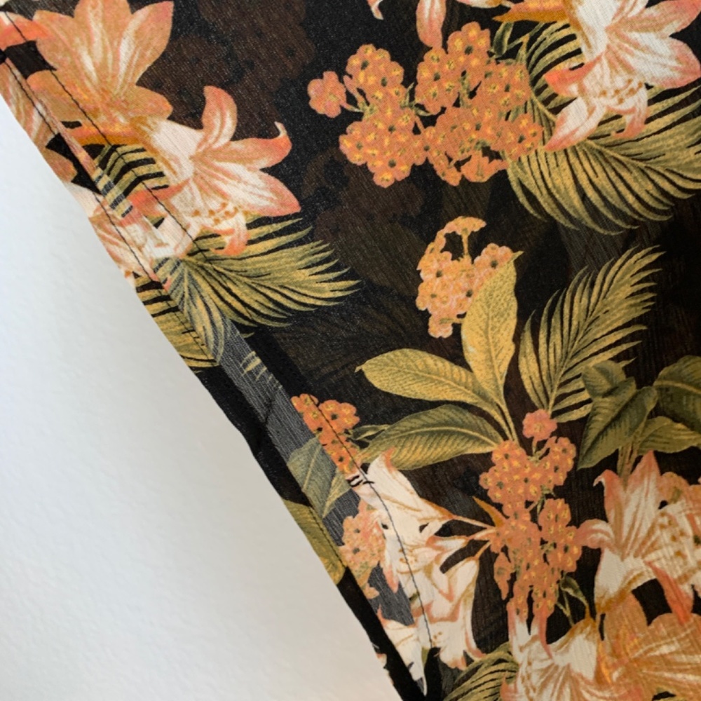 Black Floral Swimsuit Cover Up L/XL Robe Style Tie Front Georgette Tropical - Picture 7 of 11